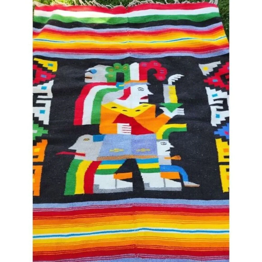 Vintage Mexican‎ Ceremonial Blanket Wool Rug Weaving Bright Colors 55x75
